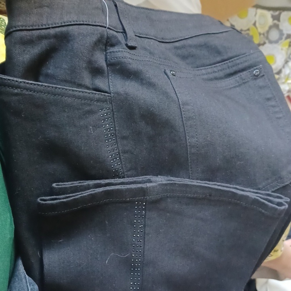 Jones New York Jeans, black, rhinestones down the side seams, stretchy